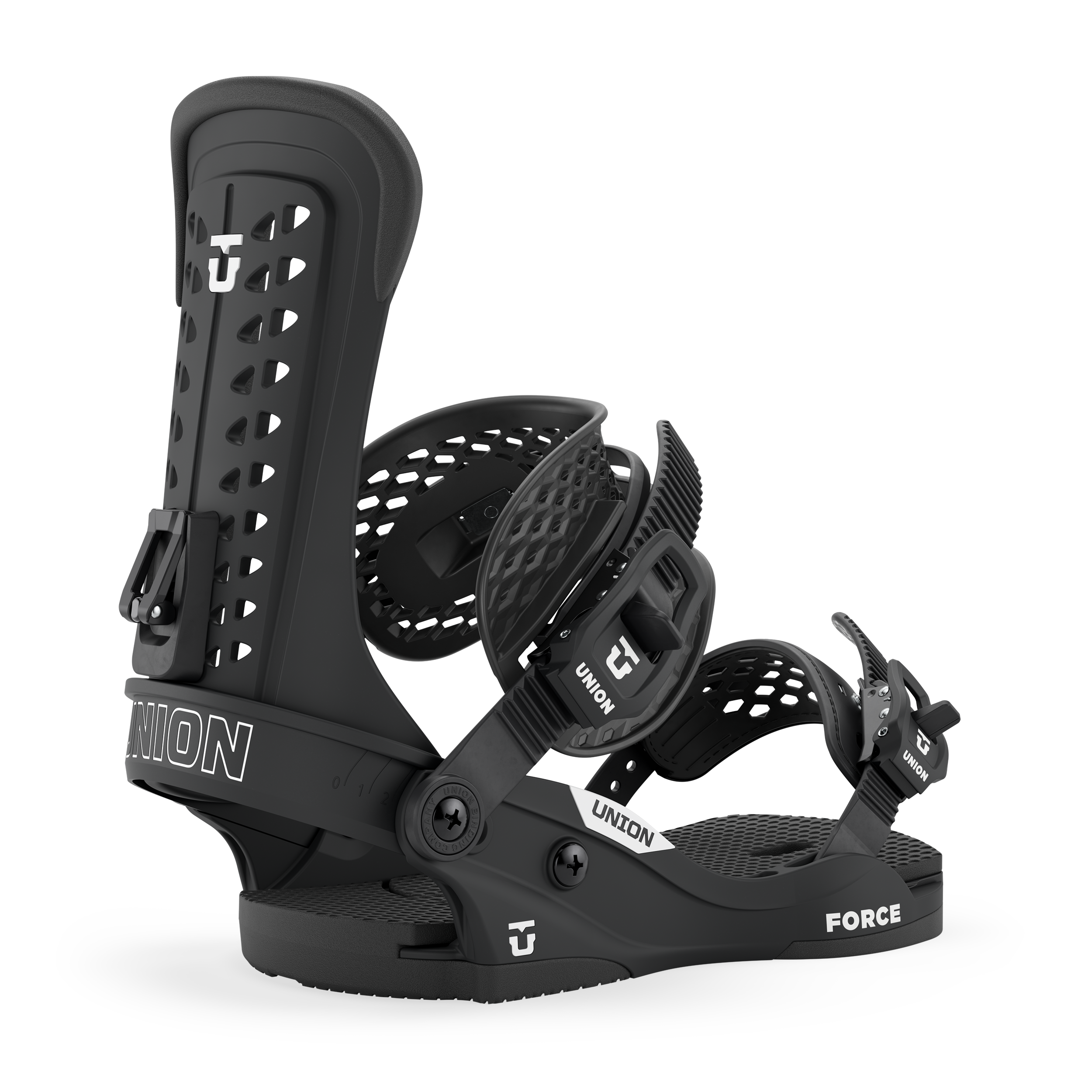 Men's snowboard bindings, dark black finish with blue highlights, angled side view