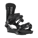 Men's snowboard bindings, all-black design with textured straps, angled side view