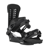 Men's snowboard bindings, all-black design with textured straps, angled side view