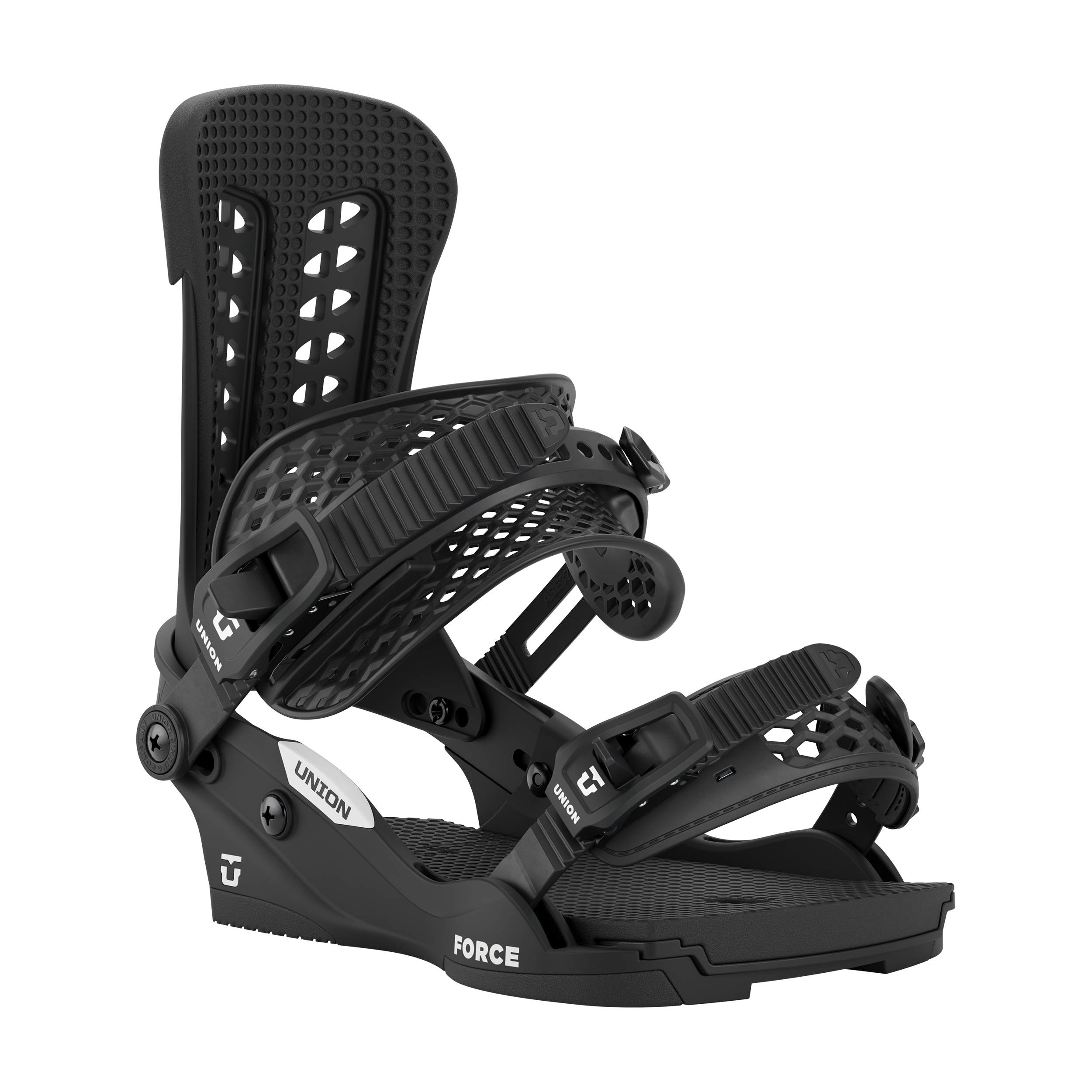 Men's snowboard bindings, all-black design with textured straps, angled side view