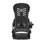 Black snowboard binding with UNION ankle straps, front view.