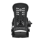 Black snowboard binding with UNION ankle straps, front view.