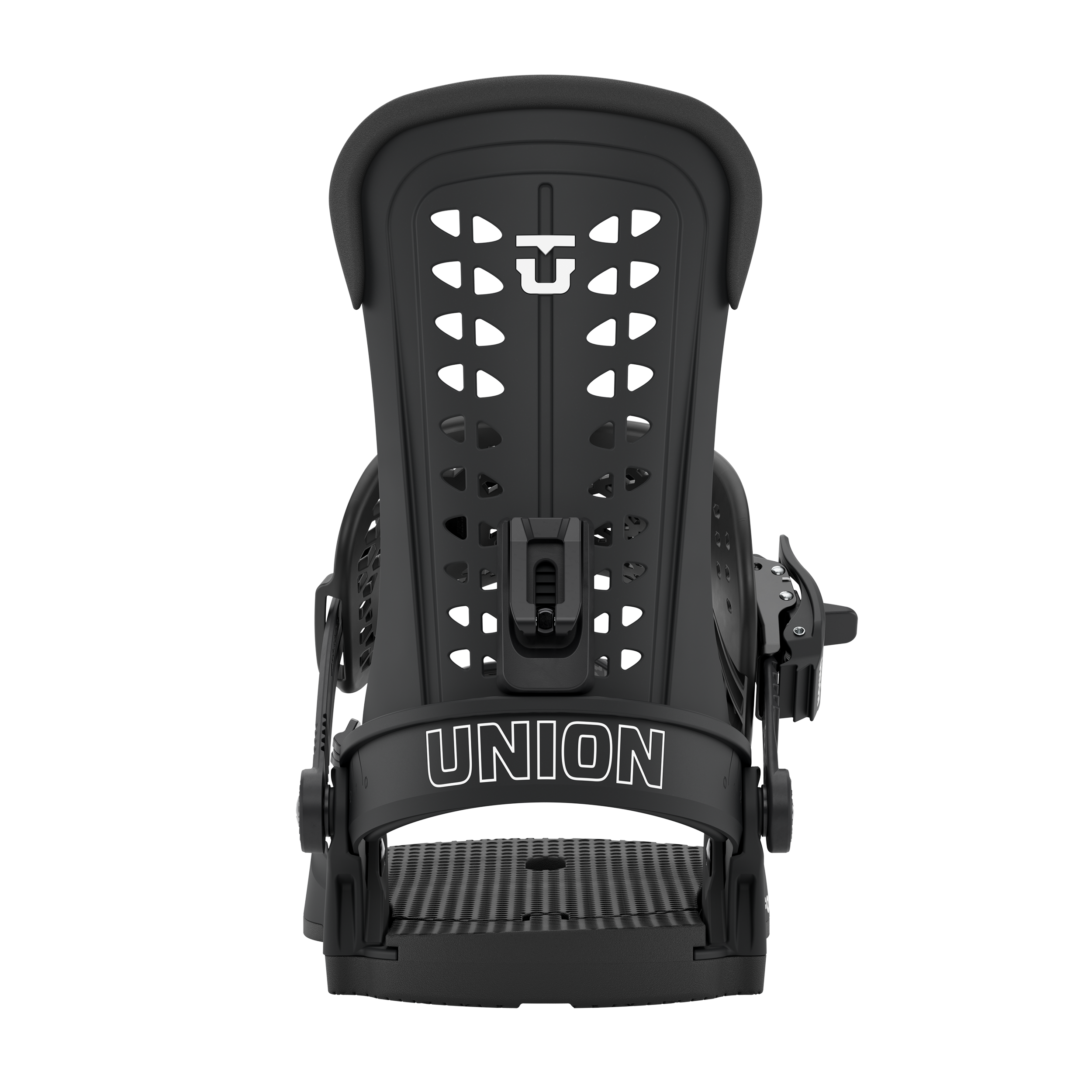 Black snowboard binding with UNION ankle straps, front view.
