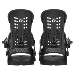 Pair of black snowboard bindings with UNION ankle straps and toe plates.