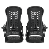 Pair of black snowboard bindings with UNION ankle straps and toe plates.