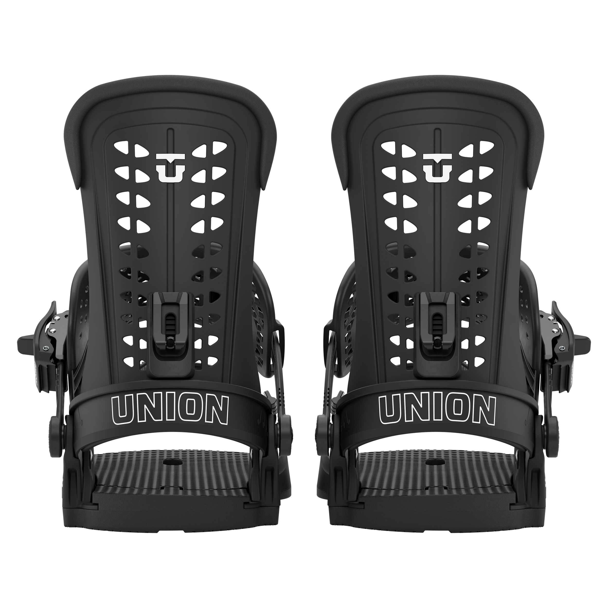 Pair of black snowboard bindings with UNION ankle straps and toe plates.