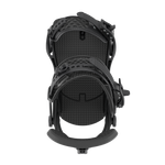 Black snowboard binding back view with textured base and mounting holes.