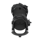 Black snowboard binding back view with textured base and mounting holes.