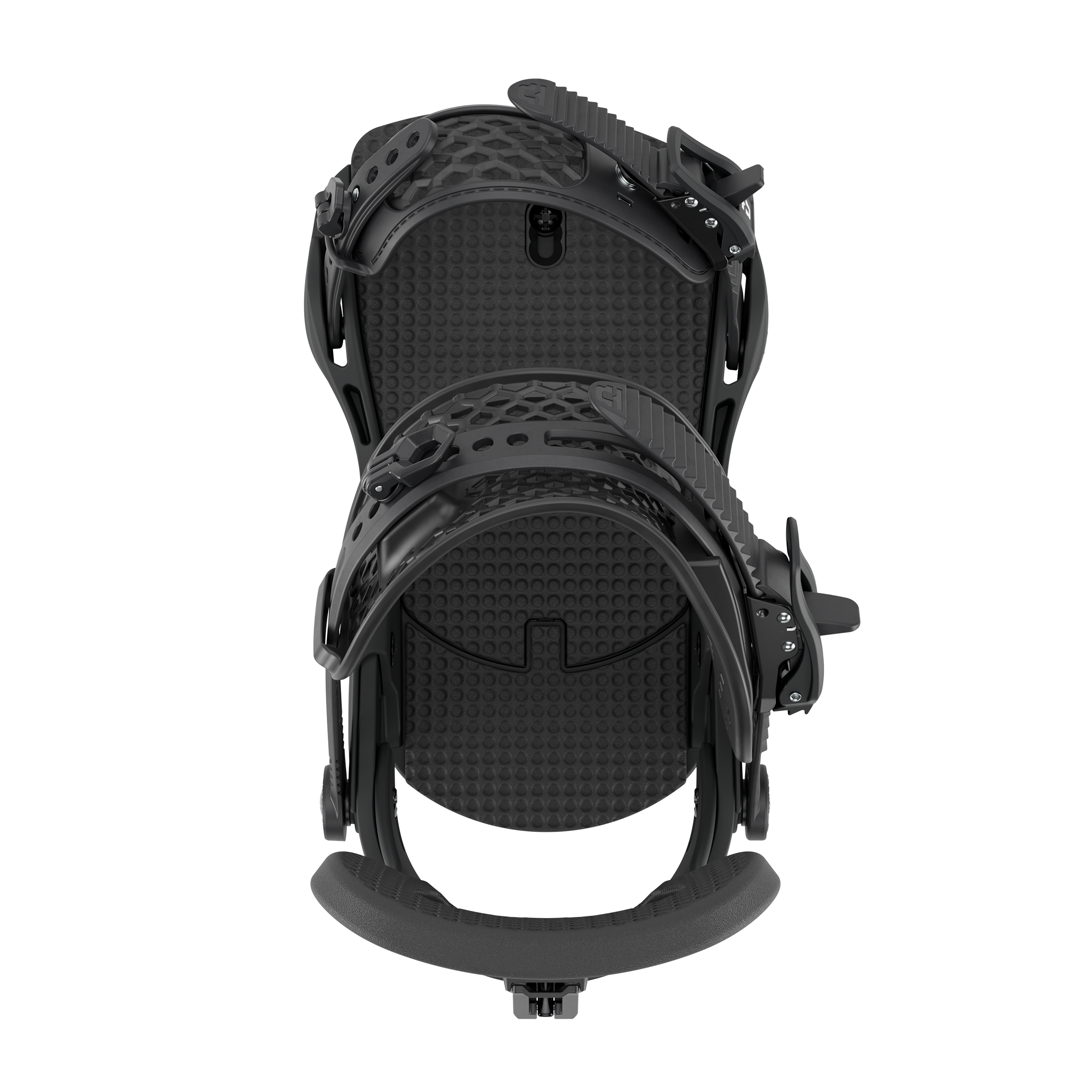 Black snowboard binding back view with textured base and mounting holes.