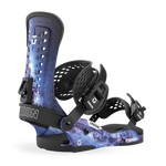 Cosmic blue snowboard binding side view with UNION straps and FORCE graphic.