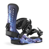 Cosmic blue snowboard binding side view with UNION straps and FORCE graphic.