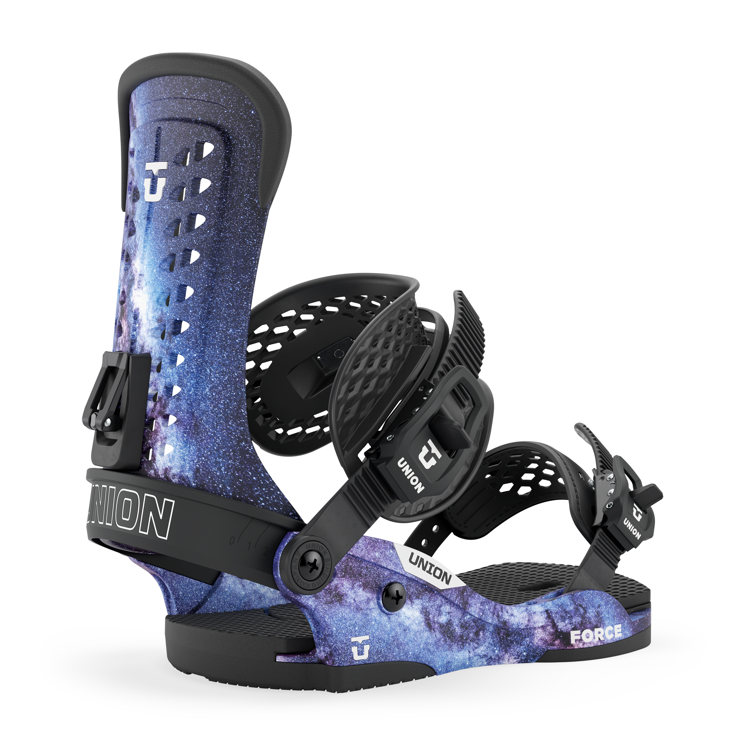 Cosmic blue snowboard binding side view with UNION straps and FORCE graphic.