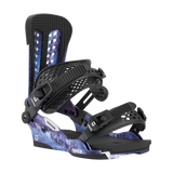 Cosmic blue snowboard binding angled view with UNION heel strap and FORCE.