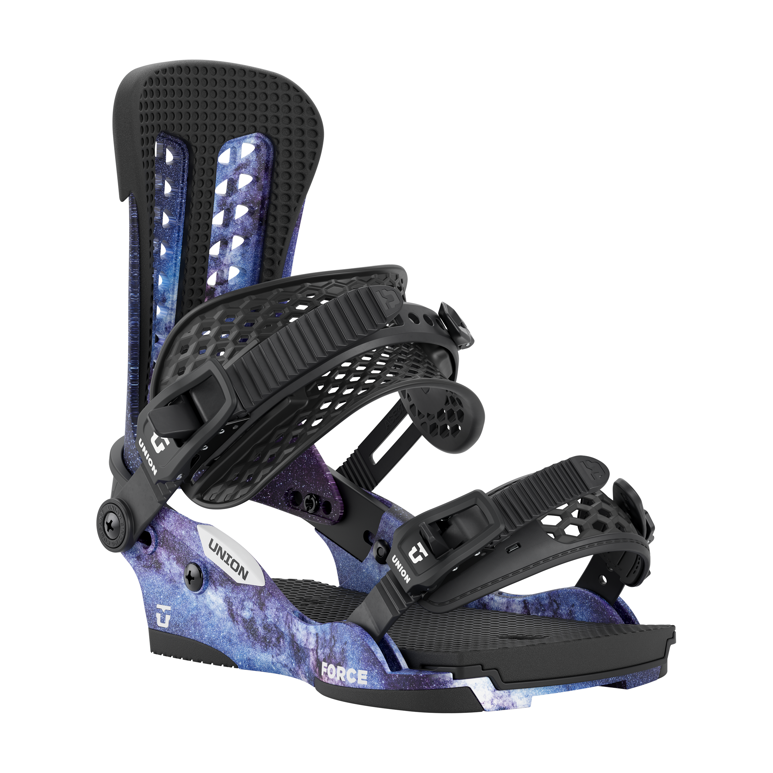 Cosmic blue snowboard binding angled view with UNION heel strap and FORCE.