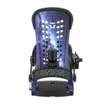 Men's snowboard bindings, blue cosmic base with black straps, front view
