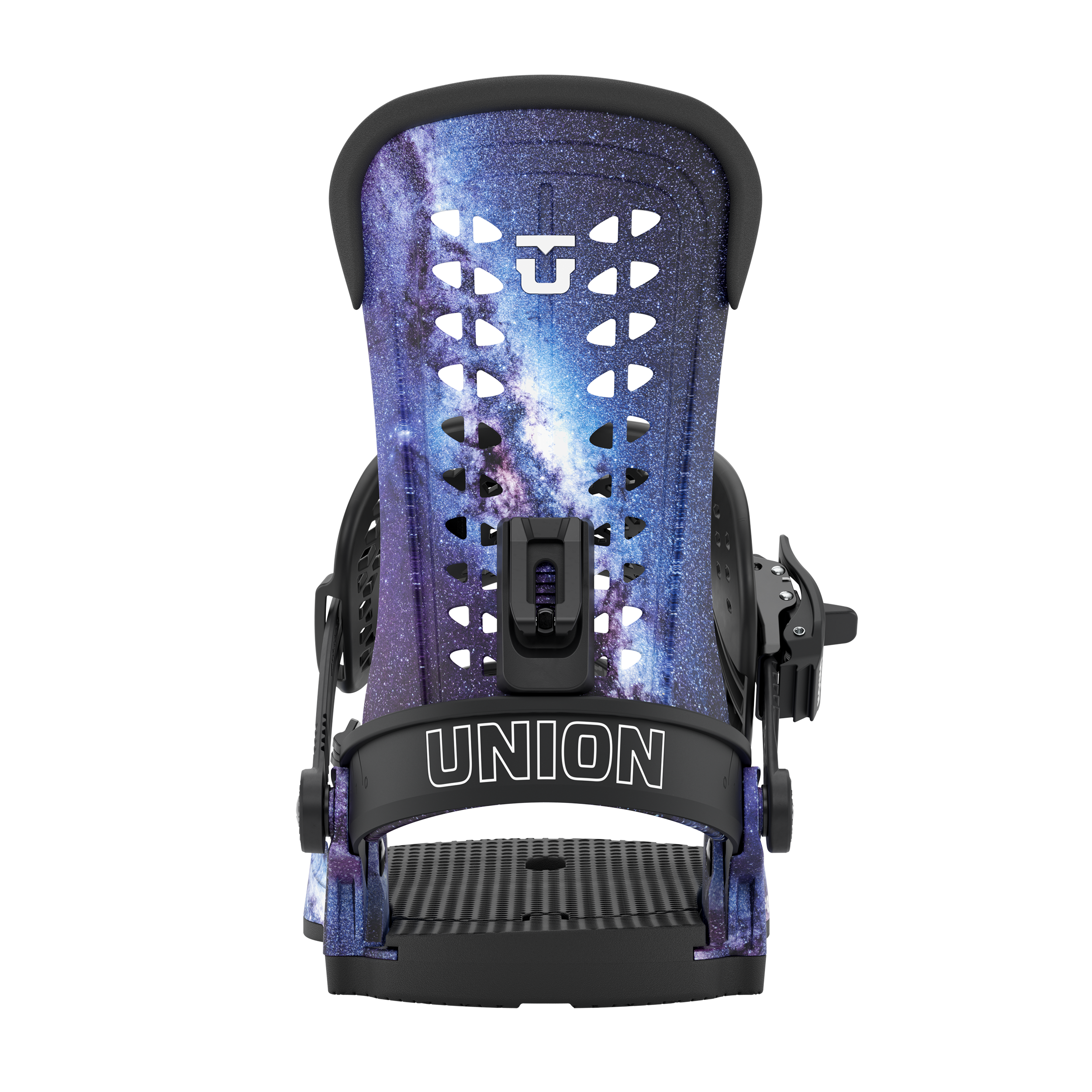 Men's snowboard bindings, blue cosmic base with black straps, front view