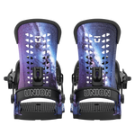 Men's snowboard bindings, blue cosmic print with black straps, two-front view