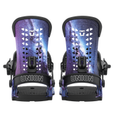 Men's snowboard bindings, blue cosmic print with black straps, two-front view