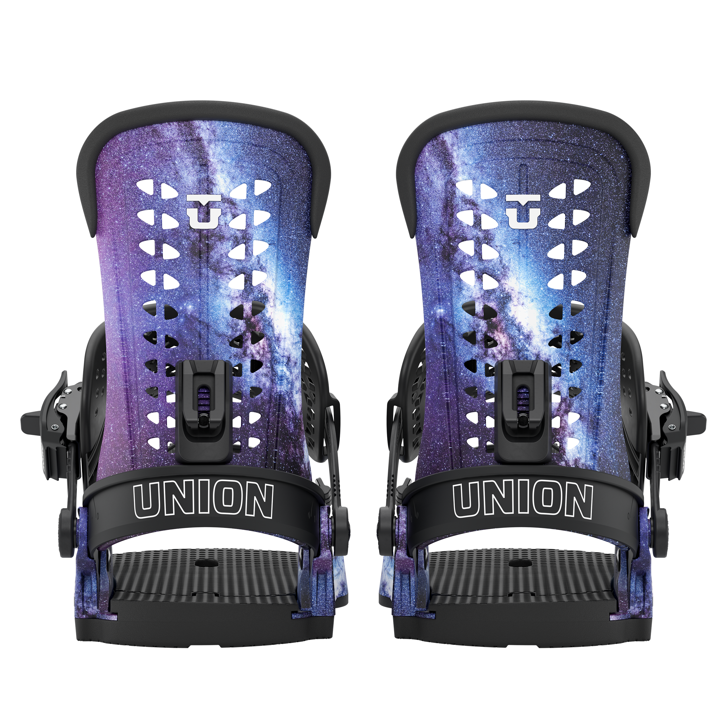 Men's snowboard bindings, blue cosmic print with black straps, two-front view