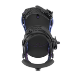 Men's snowboard bindings, black base with textured footbed and blue accents, rear view