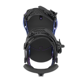 Men's snowboard bindings, black base with textured footbed and blue accents, rear view