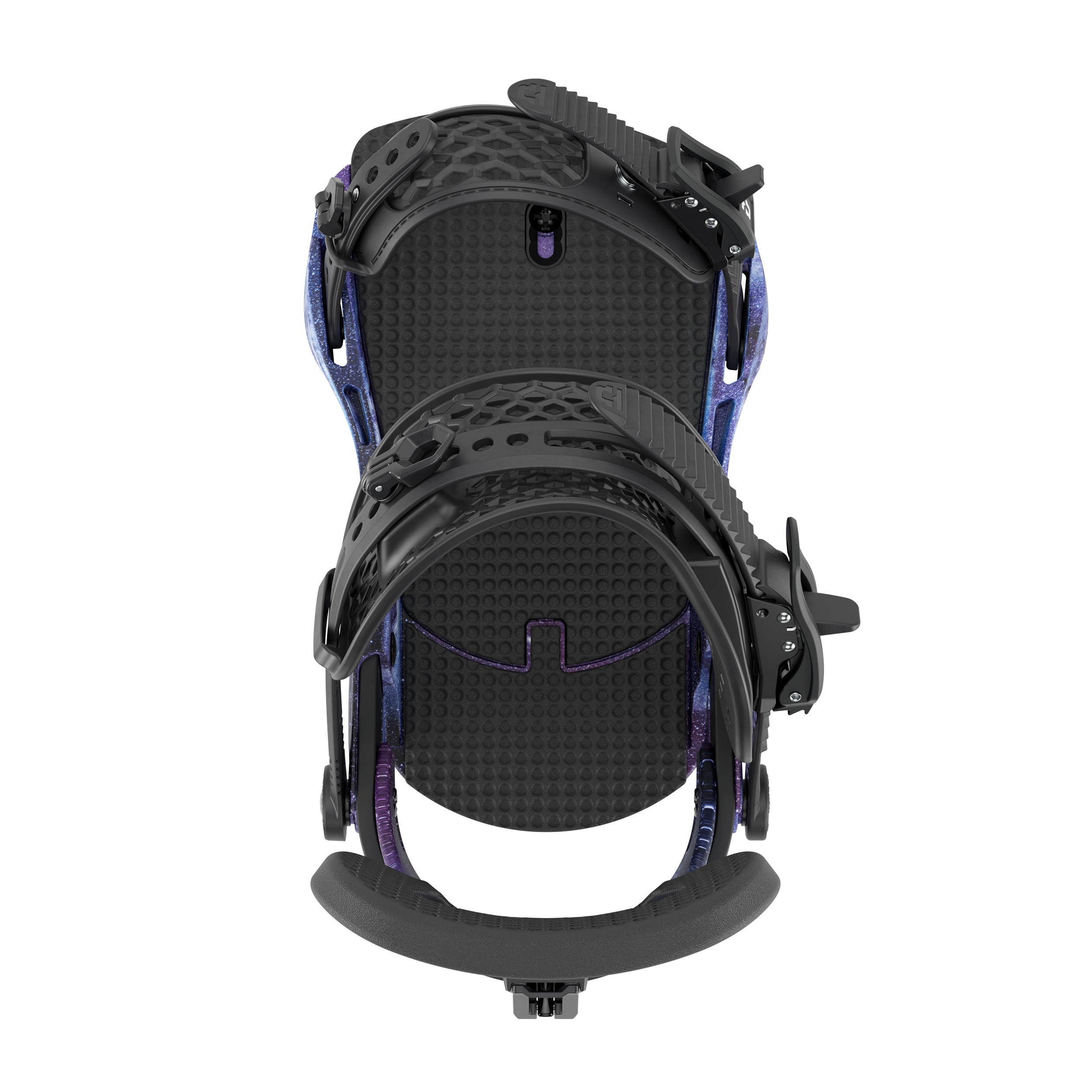 Men's snowboard bindings, black base with textured footbed and blue accents, rear view