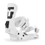 Men's snowboard bindings, white shell with black accents, side view