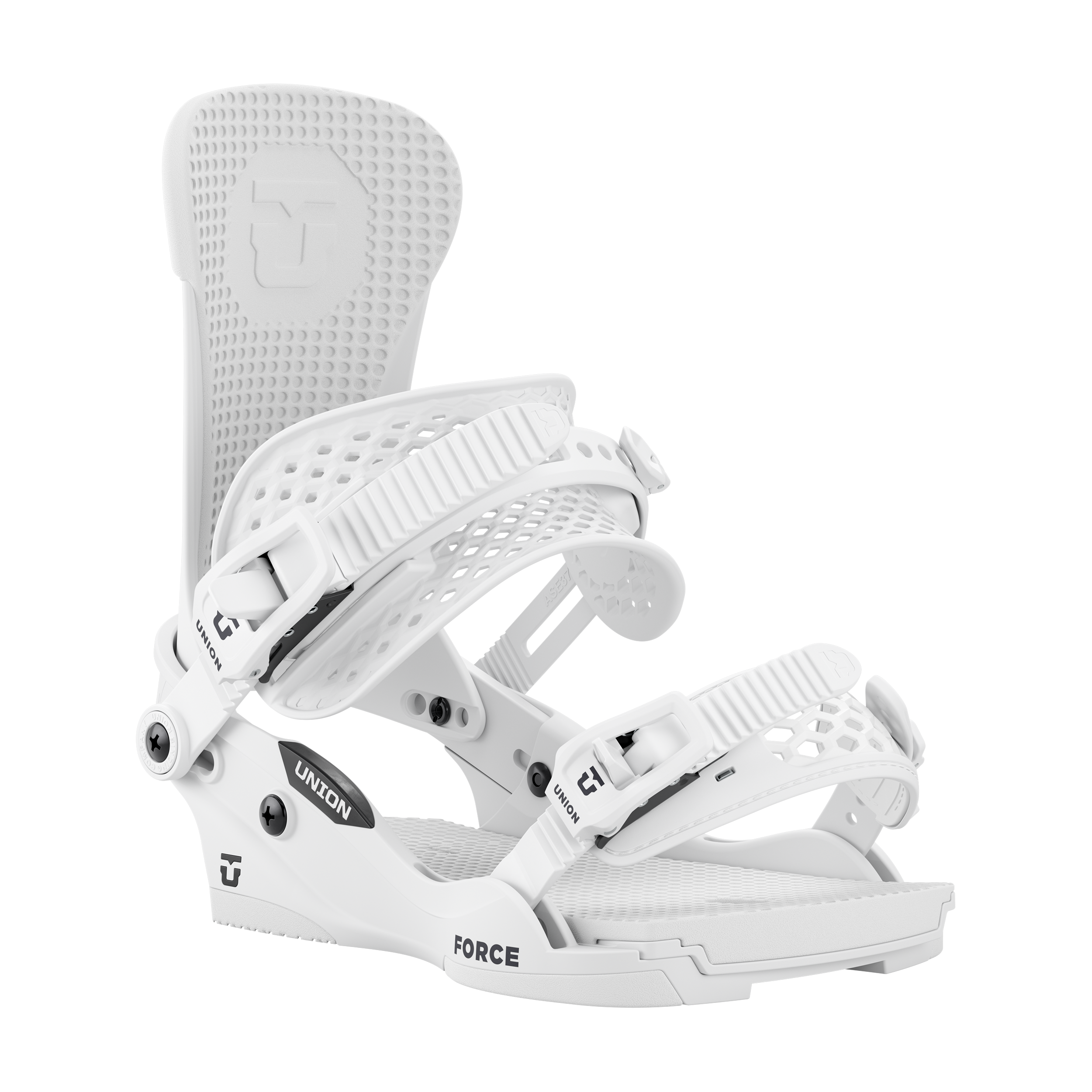 Men's snowboard bindings, white footbed with perforated straps, angled side view