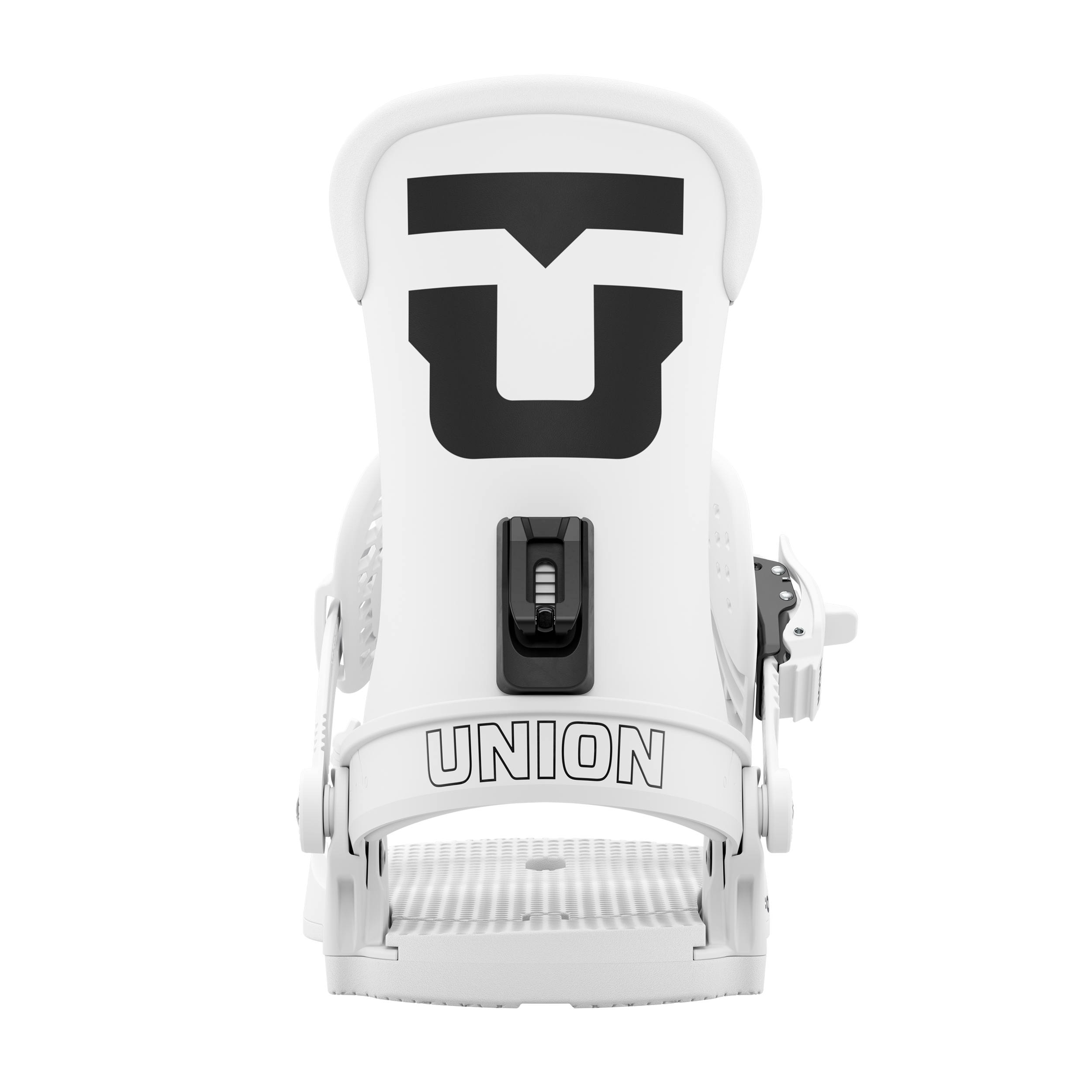 Men's snowboard bindings, white shell with black hardware, front view