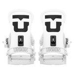 Men's snowboard bindings, white with black logo hardware, paired front view