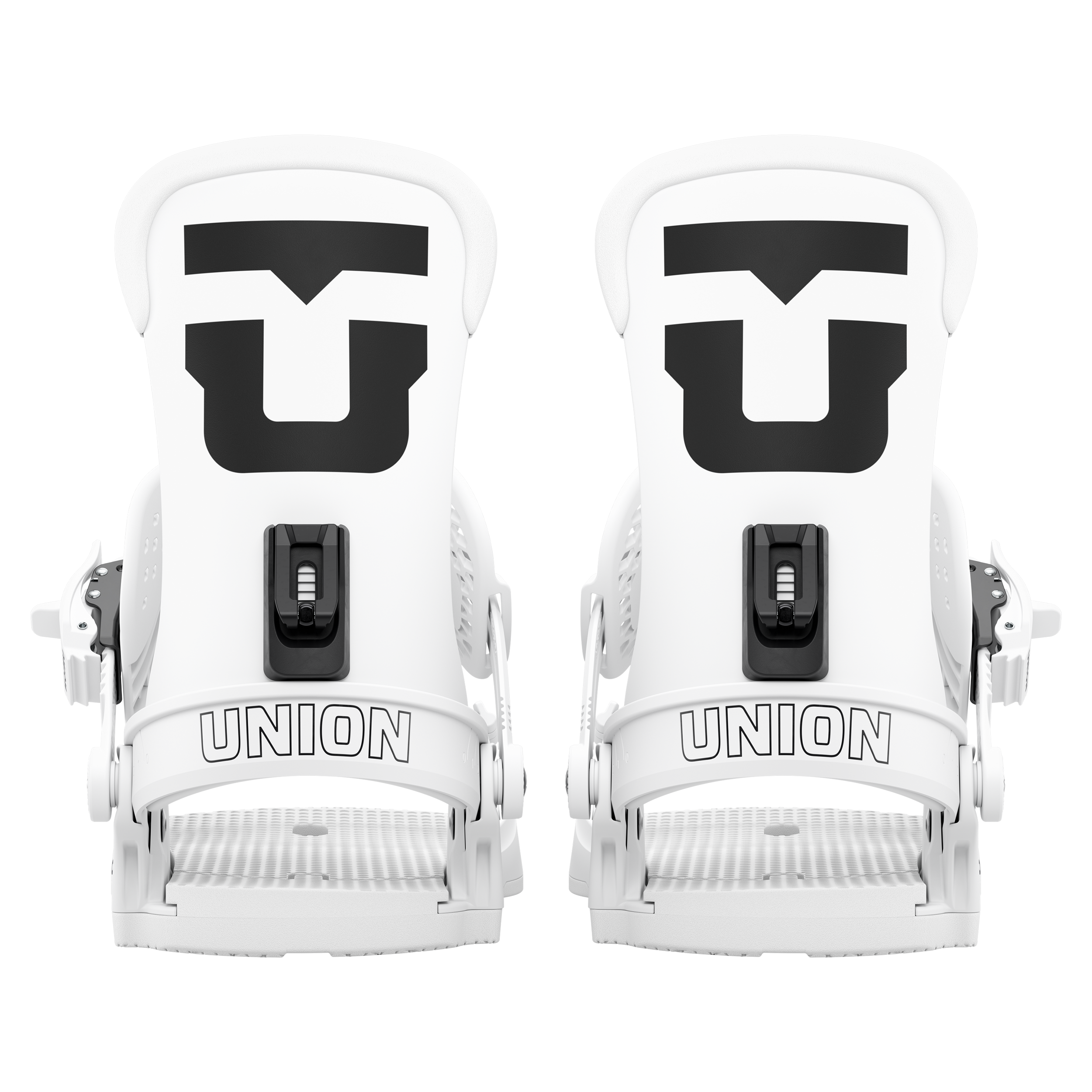 Men's snowboard bindings, white with black logo hardware, paired front view