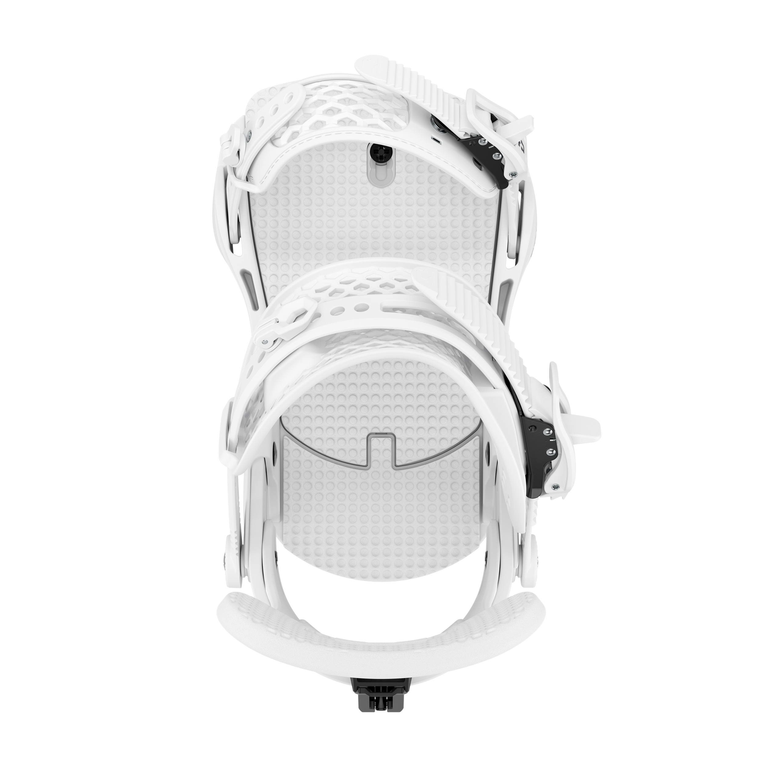 Men's snowboard bindings, white frame with textured heel pad, rear view