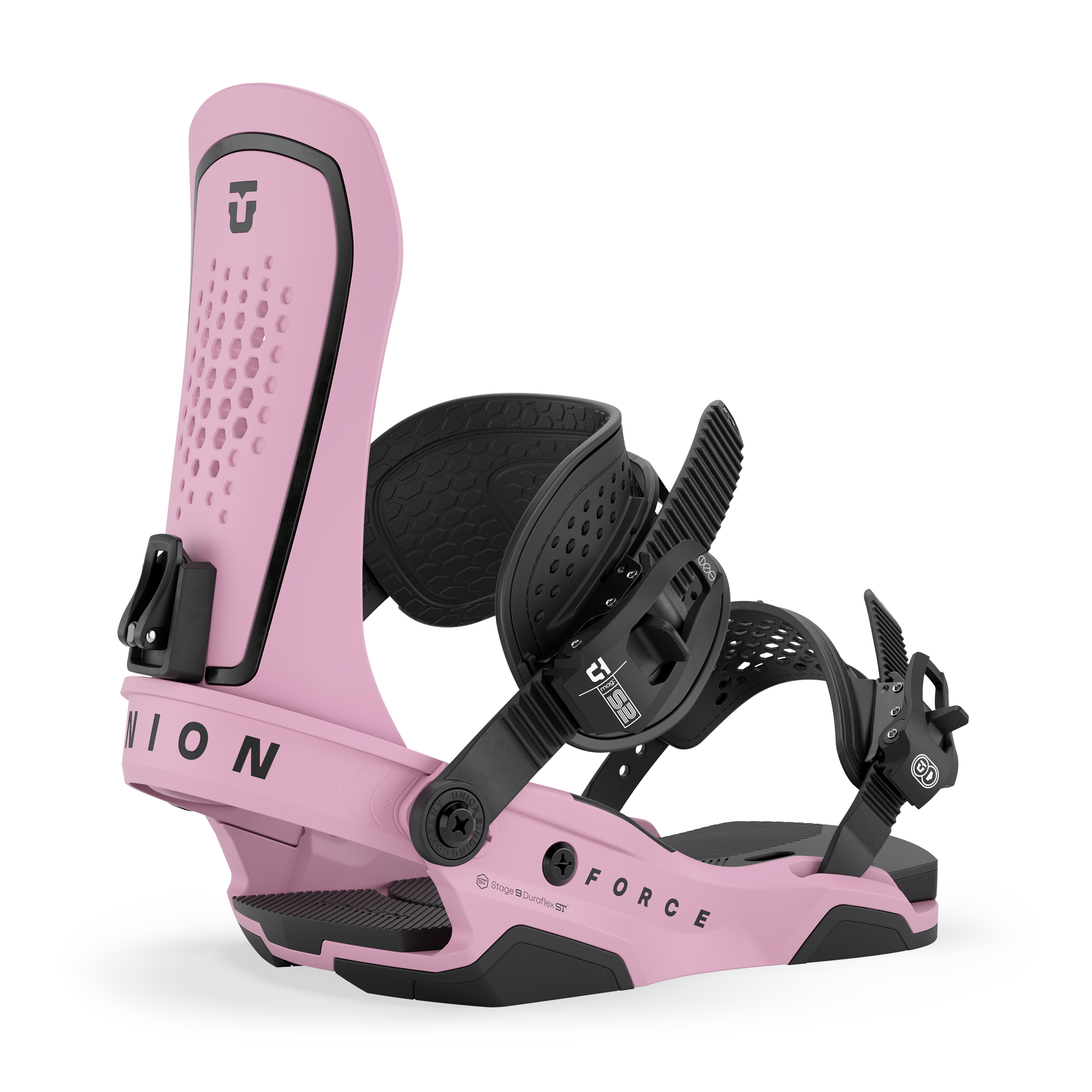 Union Force men's snowboard binding, pink frame with black highback and straps
