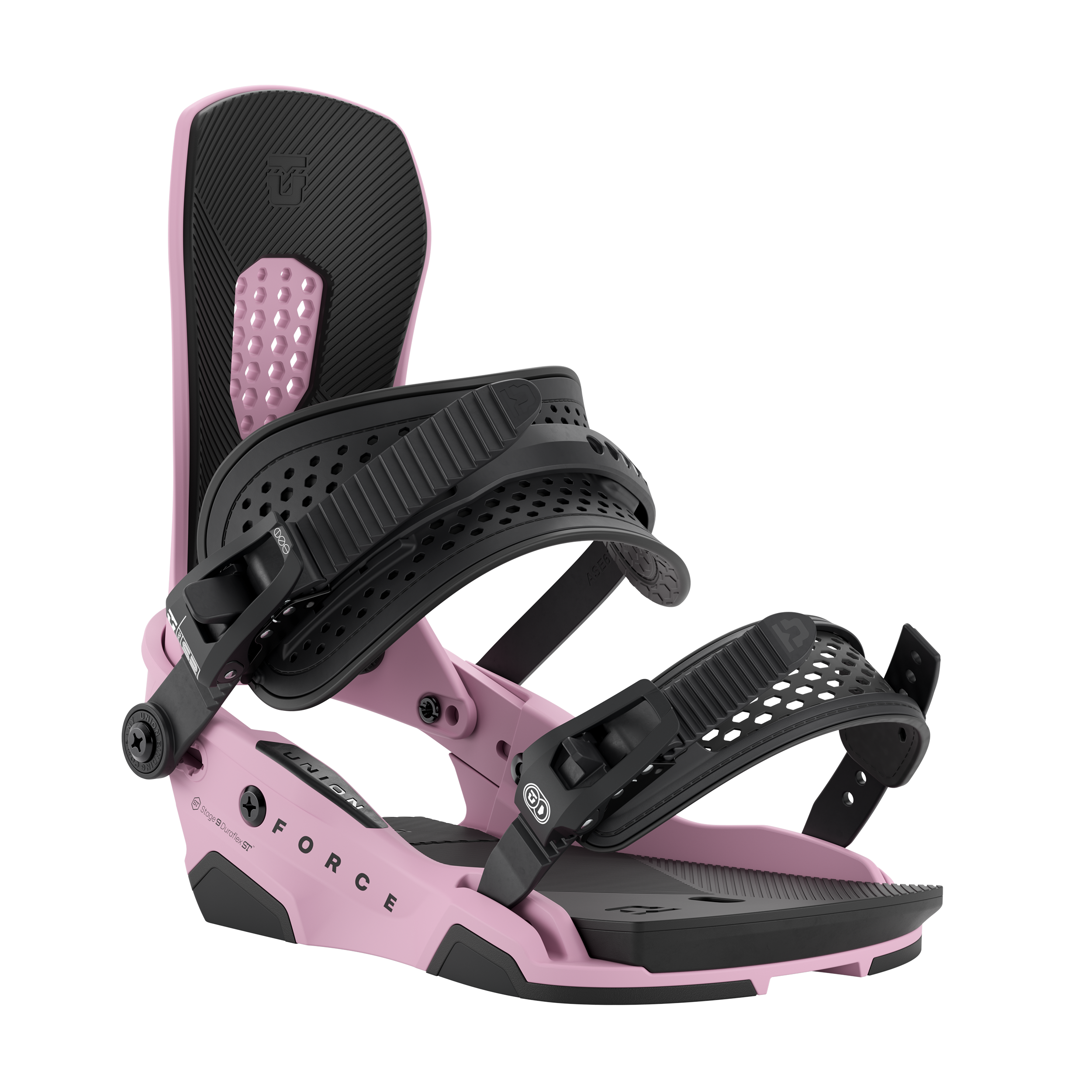 Union Force men's snowboard binding, pink platform with black bindings and strap