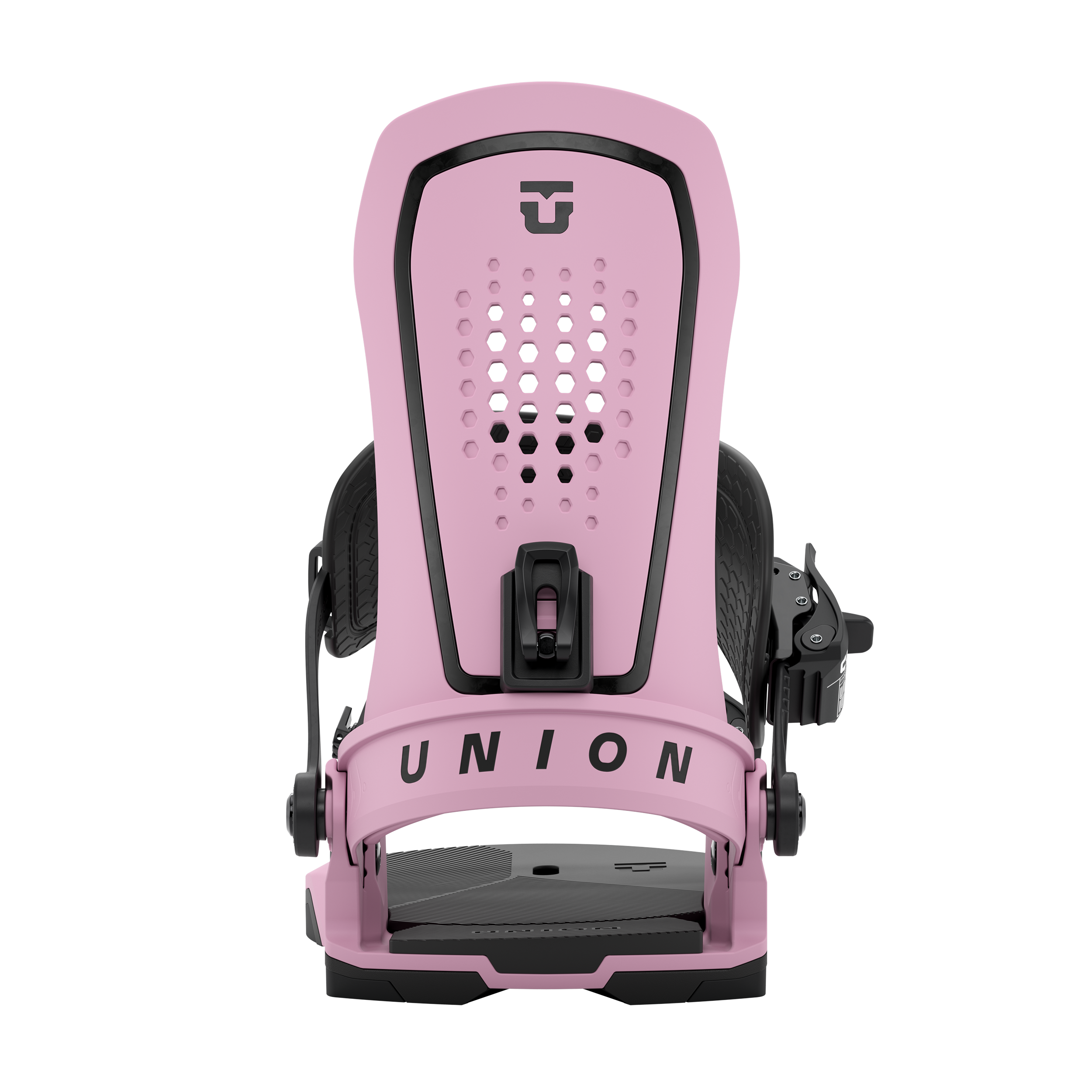 Union Force men's snowboard binding, pink highback with perforated footbed and buckle
