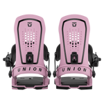 Union Force men's snowboard binding pair, pink highbacks with perforated footbeds