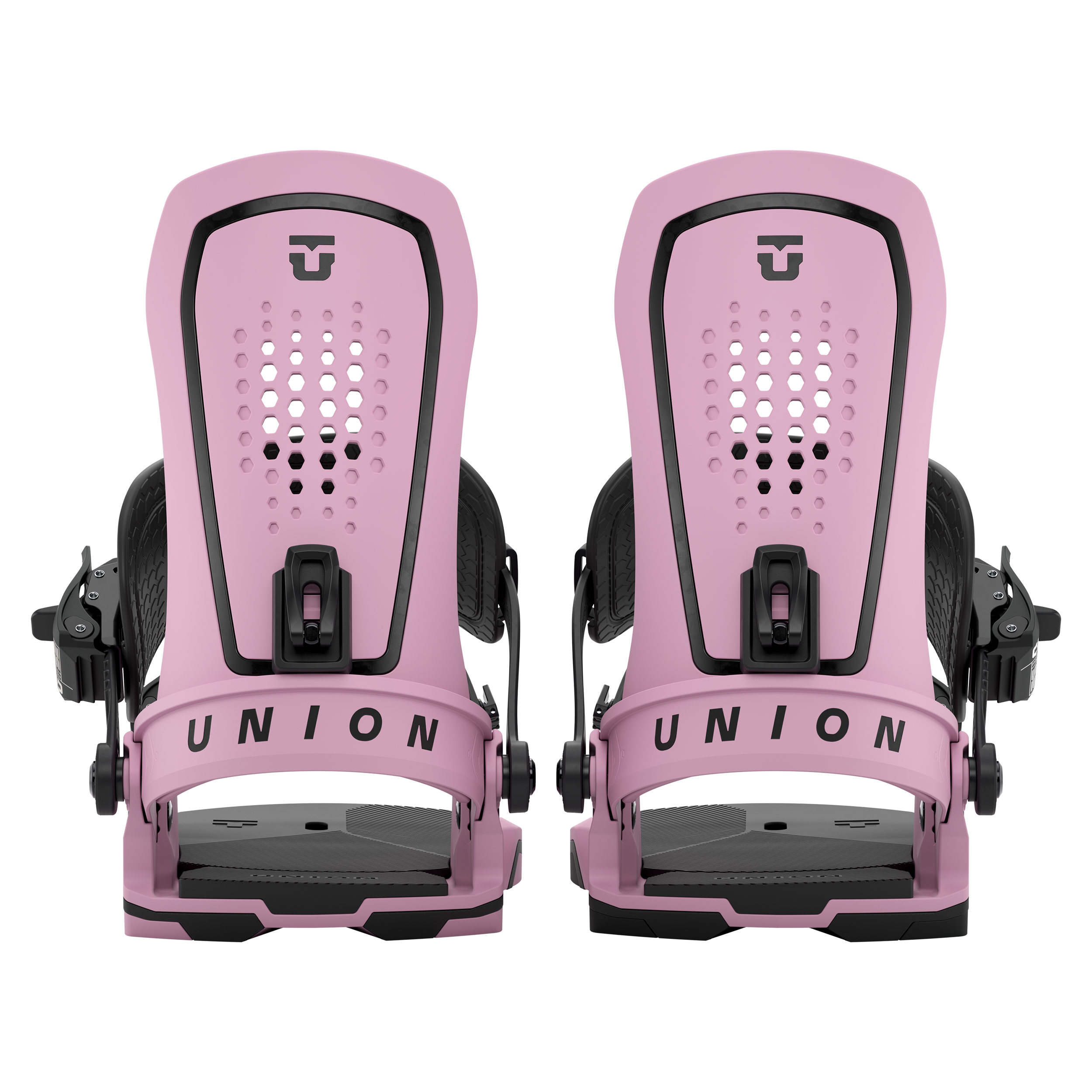 Union Force men's snowboard binding pair, pink highbacks with perforated footbeds