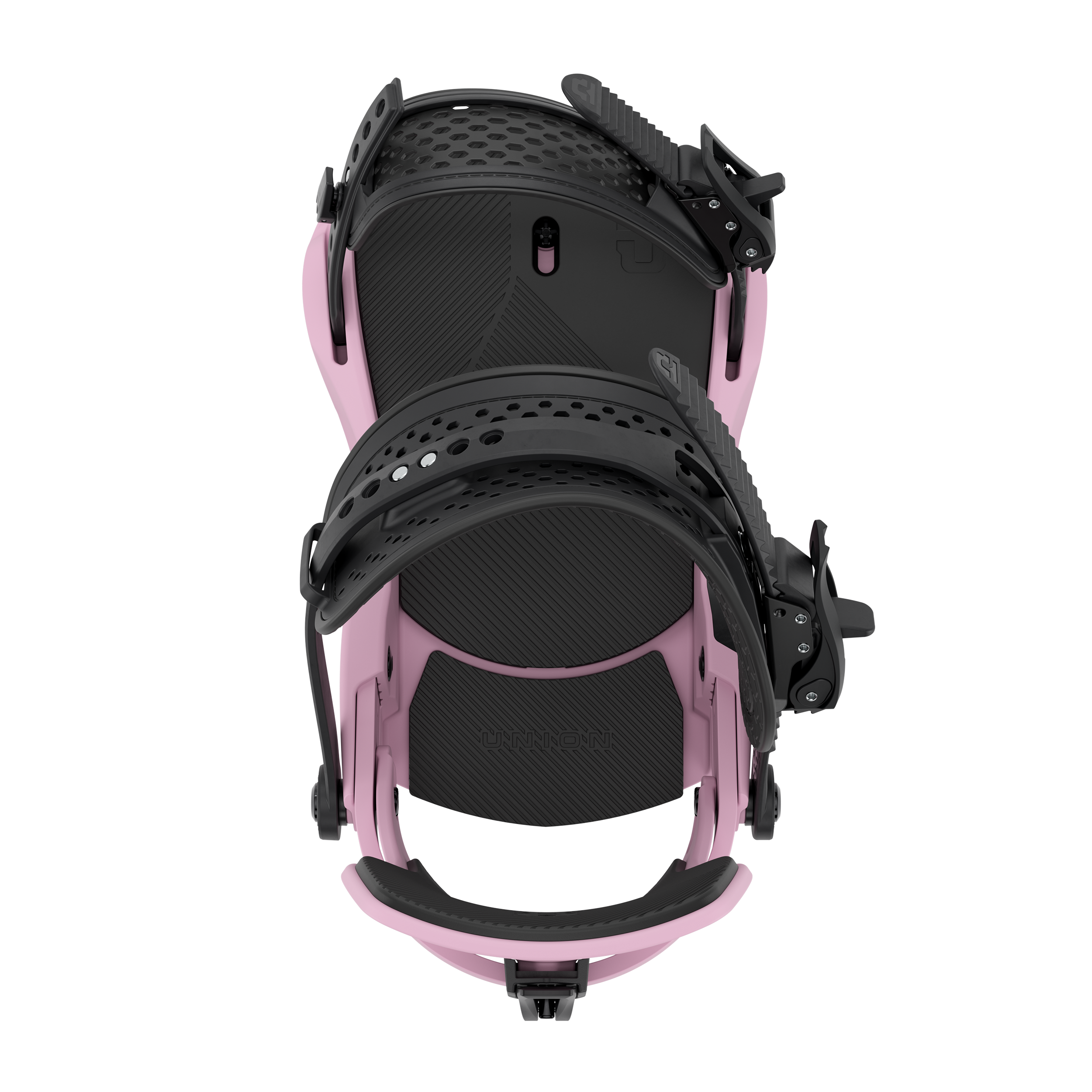 Union Force men’s snowboard binding, pink and black front view with ankle straps