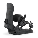 Dark gray snowboard binding with black straps and contoured base pads