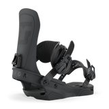 Dark gray snowboard binding with black straps and contoured base pads