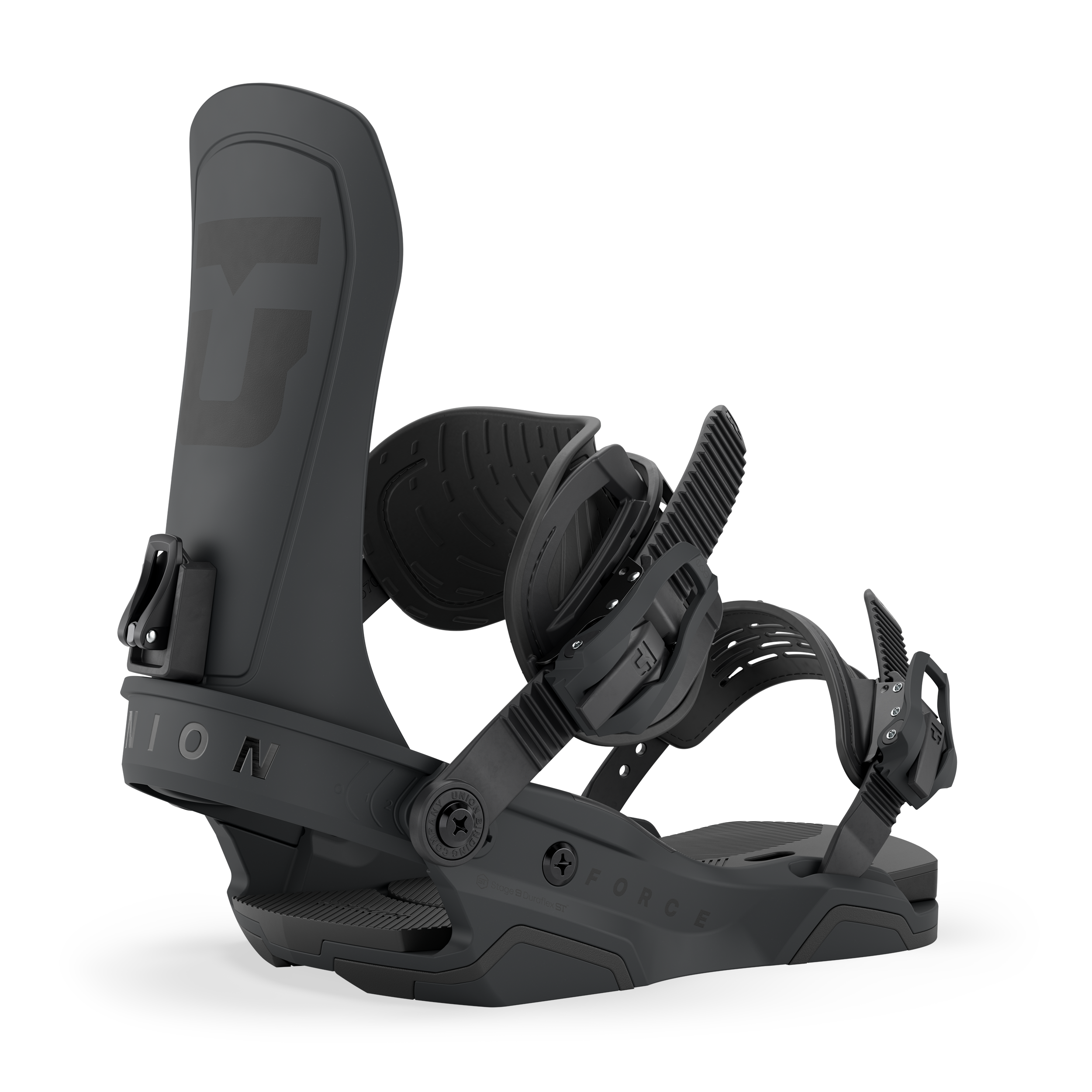 Dark gray snowboard binding with black straps and contoured base pads