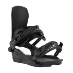 Black snowboard binding with textured straps and padded stance platform