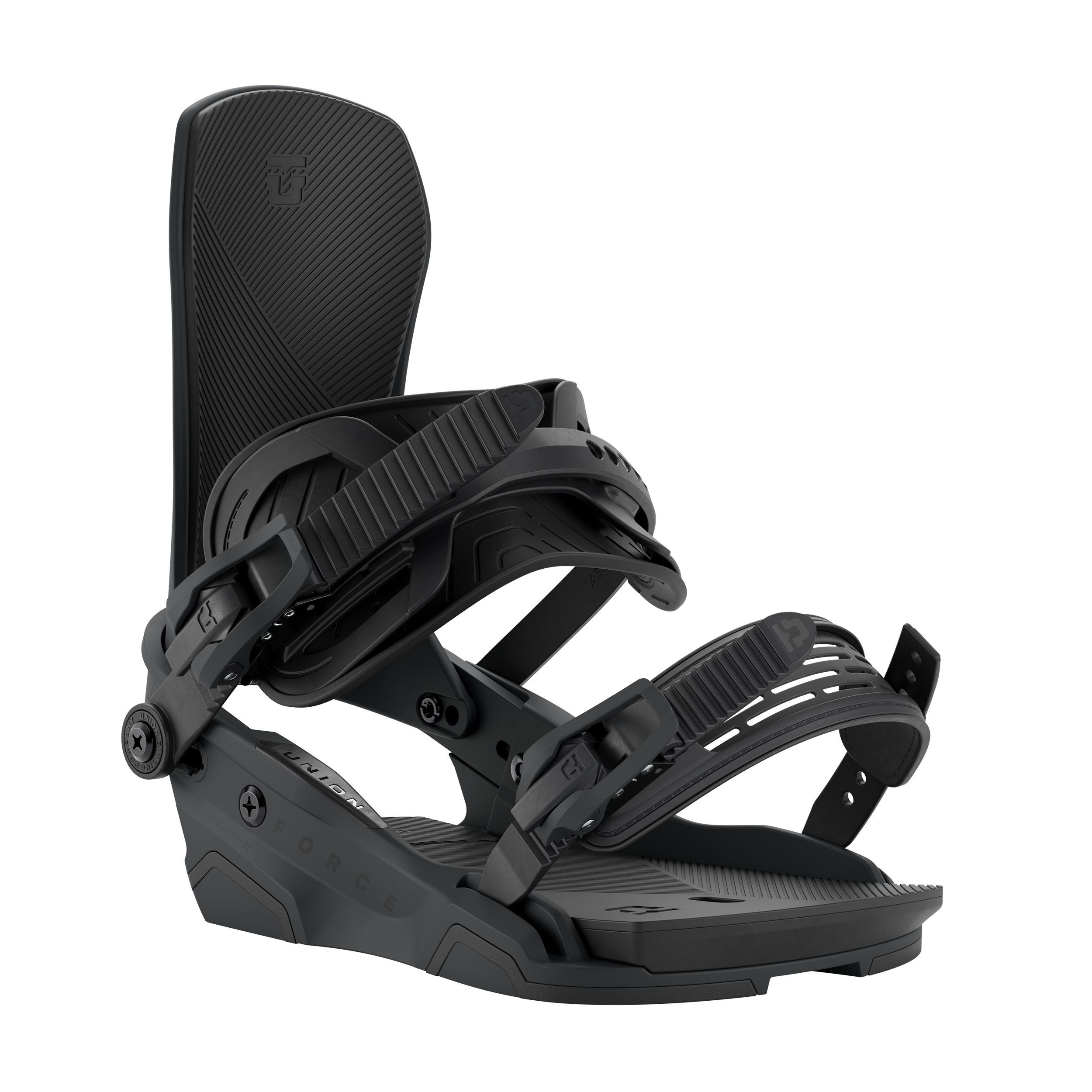 Black snowboard binding with textured straps and padded stance platform