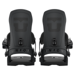 Pair of black snowboard bindings showing front stance and toe straps