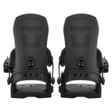 Pair of black snowboard bindings showing front stance and toe straps