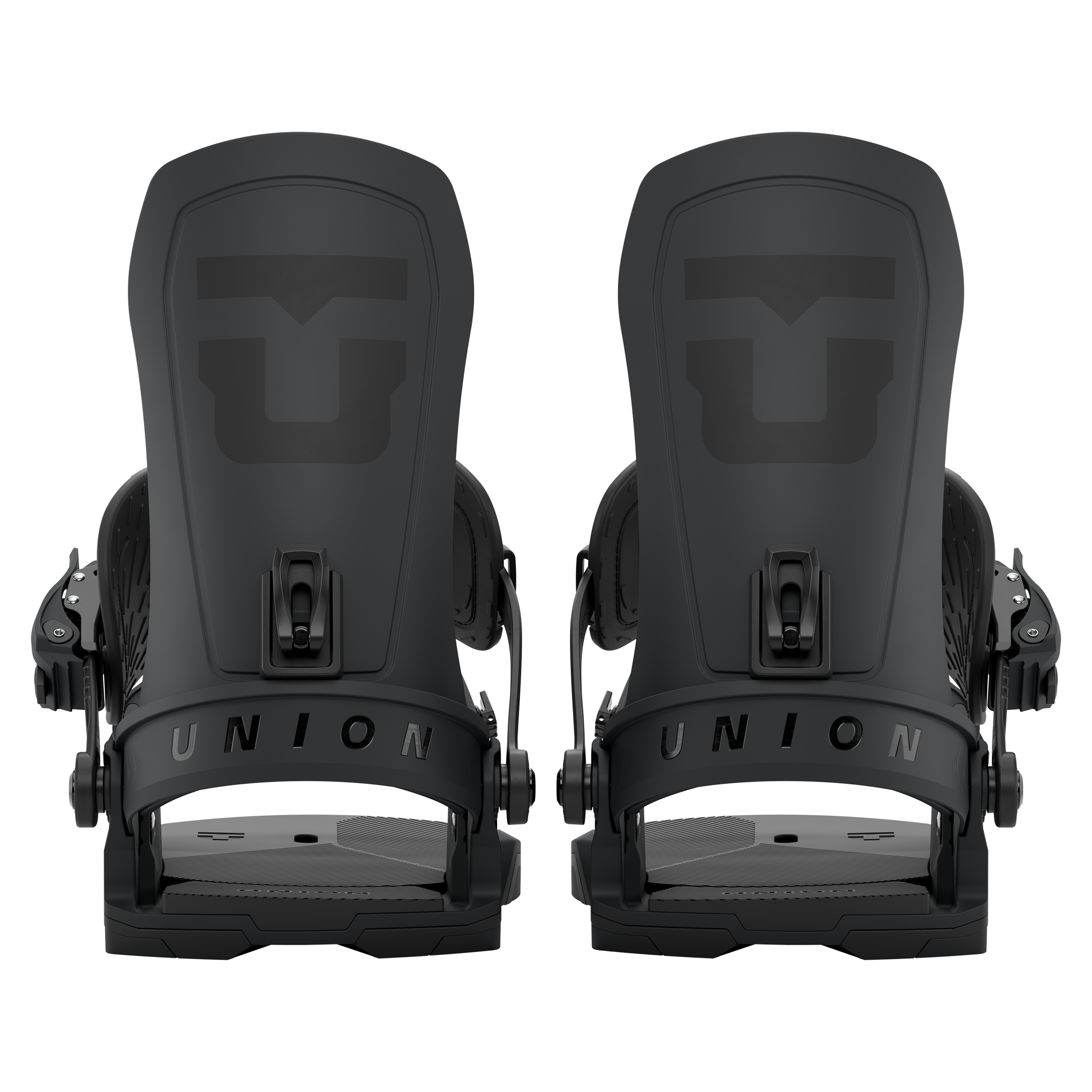 Pair of black snowboard bindings showing front stance and toe straps