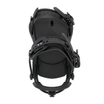 Black snowboard binding back view with adjustable ankle and heel straps