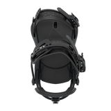 Black snowboard binding back view with adjustable ankle and heel straps