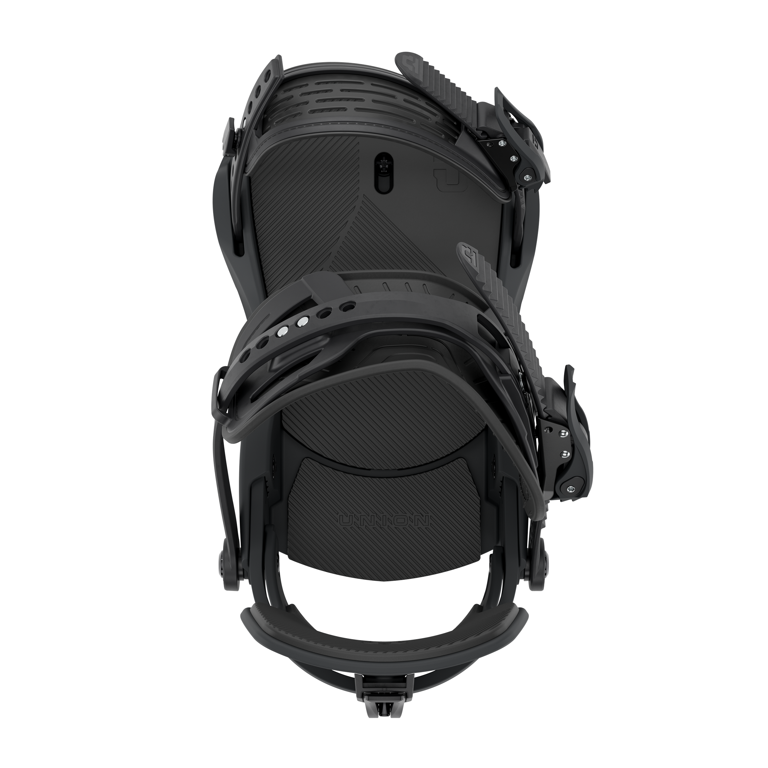 Black snowboard binding back view with adjustable ankle and heel straps