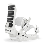 White snowboard binding with padded straps and Union logo heel plate